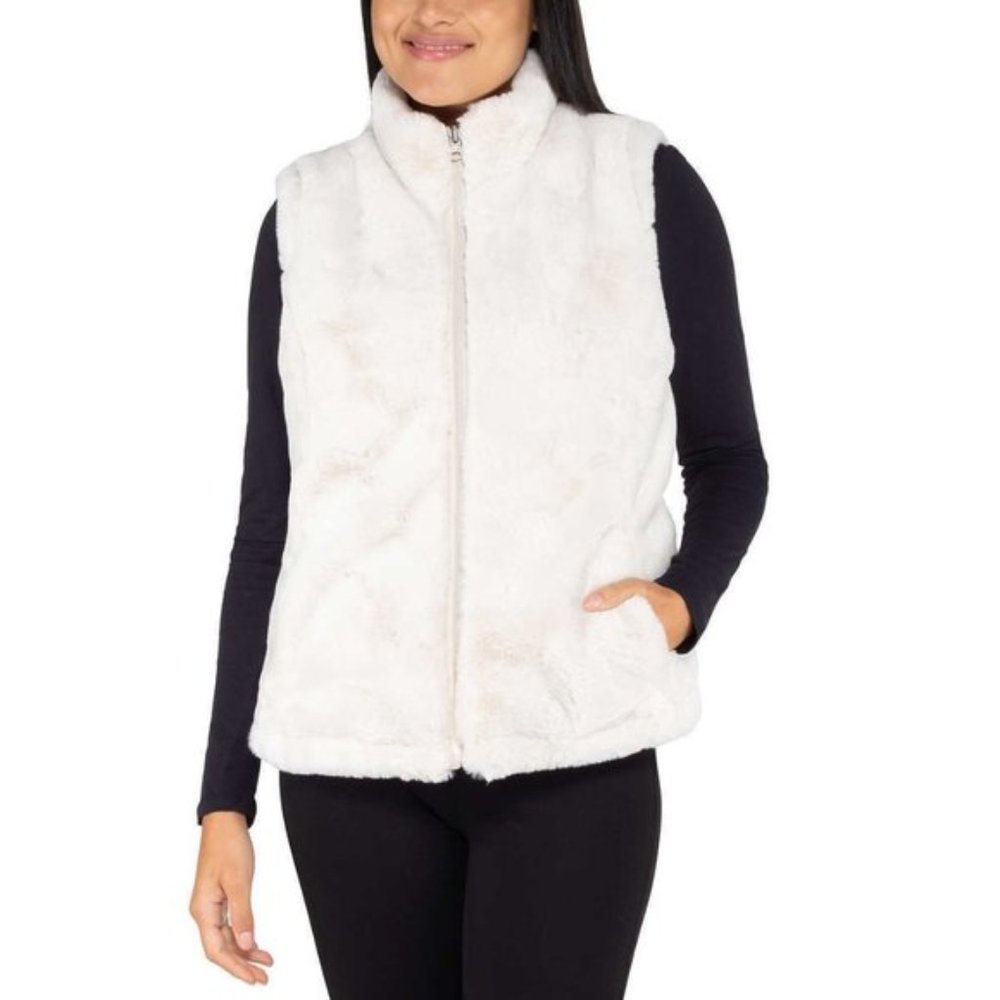 IVORY NWT Quilted Faux Fur Puffer Vest  Reversible  Nicole Miller - Picture 4 of 13
